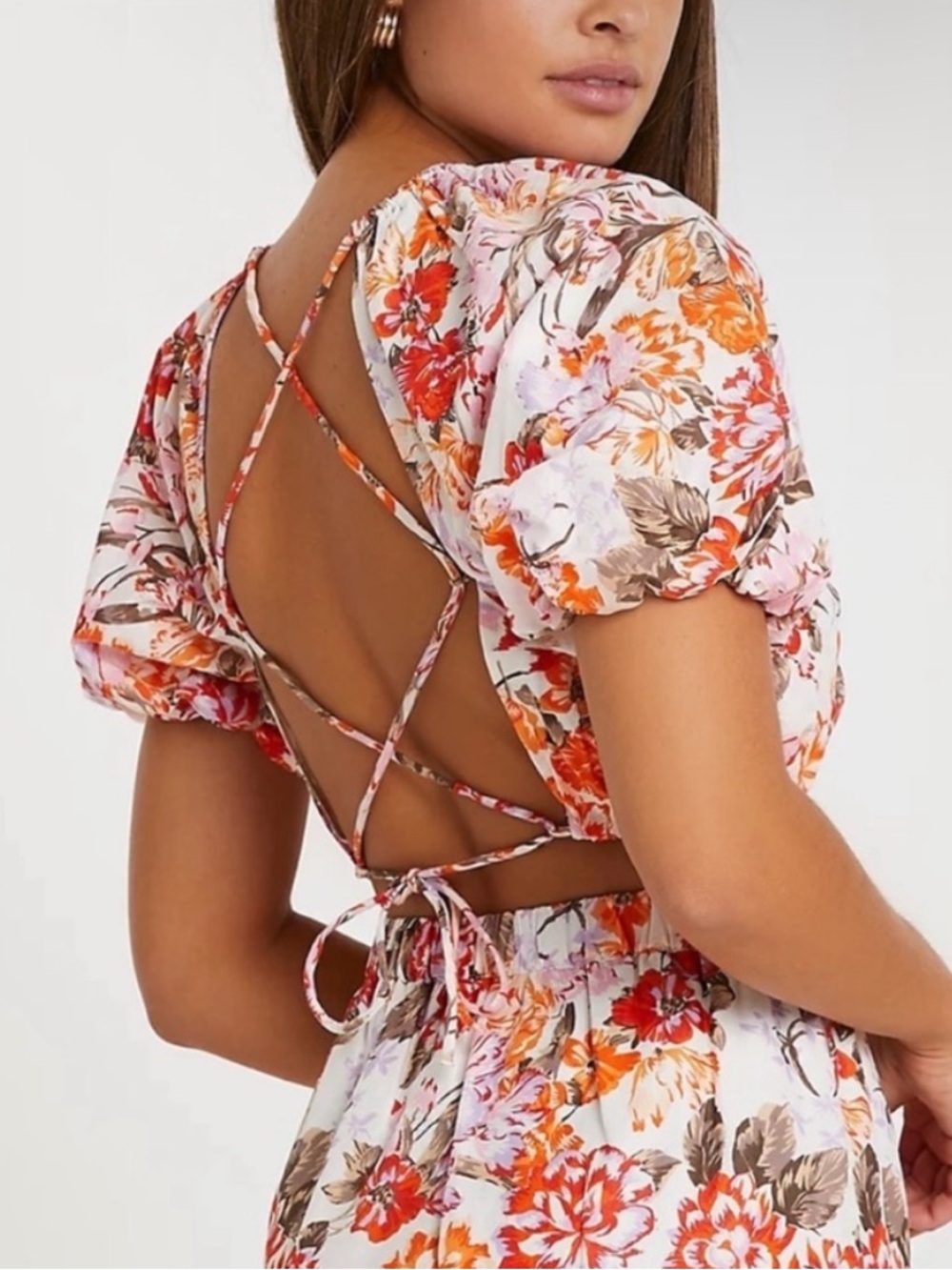 River Island Floral Puff Sleeve Open Lace Up Back Crop Top